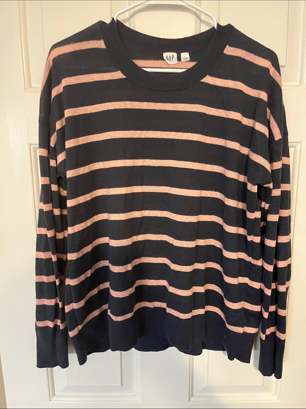 GAP Black Crewneck Sweater with Light Pink Stripes